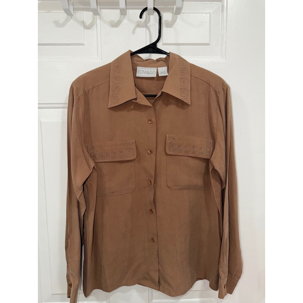 Edward Silk Blouse Brown Long Sleeve Greek Key Embroidered Button Down